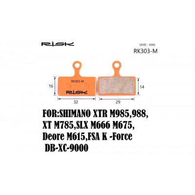 Колодки тормозные полуметалл disc RISK RK303-S Shimano M985/988/785/666/675/615, FSA K-Force DB-XC-9000 и др.